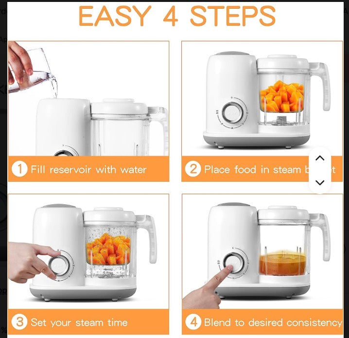 Baby Food Maker, 4 in 1 Baby Food Processor and Steamer, Puree Blender, Multifunctional Baby Puree Maker, Dishwasher Safe, White