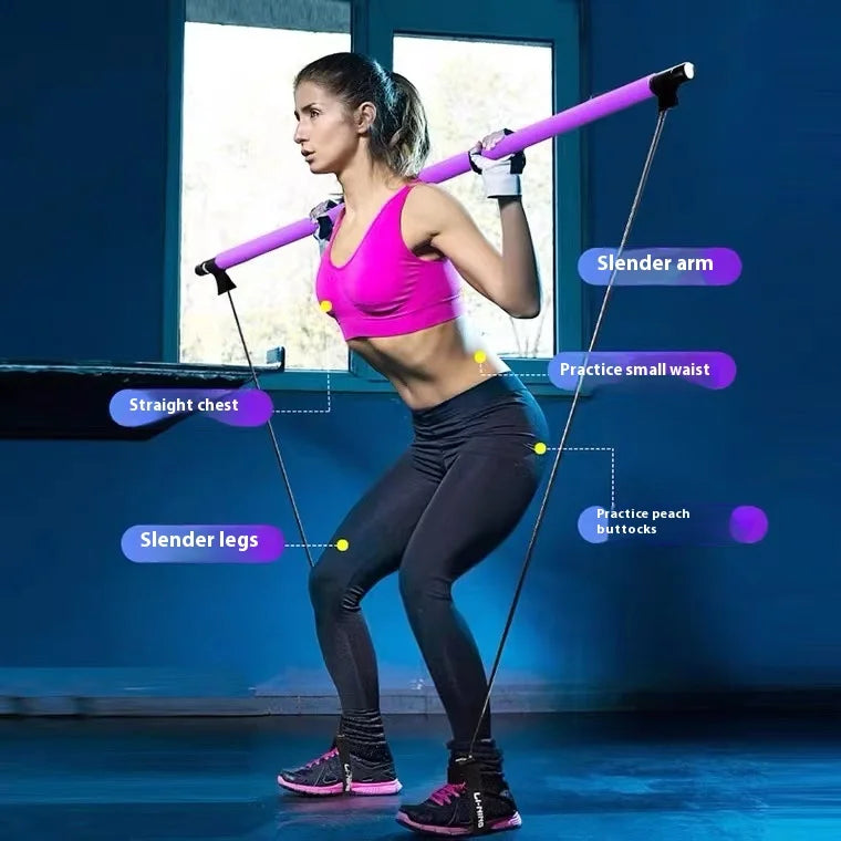 Pilates Stick - Adjustable Fitness Bar for Home Workout, Yoga, Stretching & Toning - Portable Exercise Rod with Elastic Bands