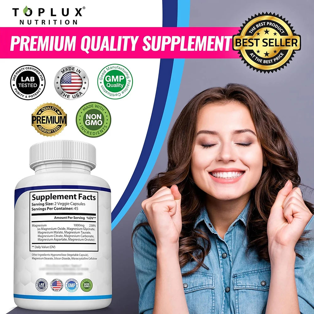 Magnesium Complex Supplement 8 Elemental 1000mg - Magnesium Glycinate, Citrate, Malate, Taurate for Bones, Muscles, Energy